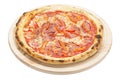 Delicious pizza served on wooden plate isolated on white background. File contains clipping path Royalty Free Stock Photo