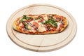 Delicious pizza served on wooden plate isolated on white background. File contains clipping path. Concept for advertising flyer Royalty Free Stock Photo