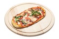 Delicious pizza served on wooden plate isolated on white background. File contains clipping path. Concept for advertising flyer Royalty Free Stock Photo