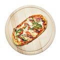 Delicious pizza served on wooden plate isolated on white background. File contains clipping path. Concept for advertising flyer Royalty Free Stock Photo