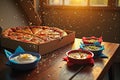 Delicious pizza in sunlit room with colorful dips and toppings on table Royalty Free Stock Photo