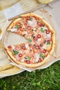 Delicious Pizza With Tomato, Cheese, and Greens in a Cardboard Box Outdoors