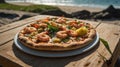 Delicious Shrimp and Pineapple Pizza on Wooden Table with Ocean View Royalty Free Stock Photo