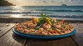 Delicious Shrimp and Pineapple Pizza on a Blue Plate With a Tropical Beach Sunset Royalty Free Stock Photo