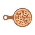 Delicious pizza, wooden shovel pizza and pizza slice flat illustration