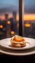 Sunset Bagel Delight on White Plate with Cityscape Background