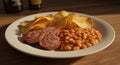 A Delicious Plate of Chips, Beans, and Sausage, Ready to Eat Royalty Free Stock Photo