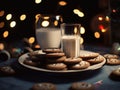 Delicious plate of Christmas cookies and glasses of milk. Bokeh background.