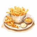 Delicious Plate With French Fries, Salad, Sauce, And Dip