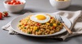 Delicious plate of rice topped with a sunnysideup egg and fresh vegetables Royalty Free Stock Photo