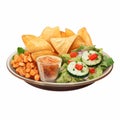 Delicious Plate Of Salad And Chips With Dipping Sauce