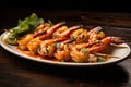 A delicious plate of shrimp skewers garnished with fresh cilantro, Grilled shrimp skewer, AI Generated