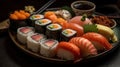 A delicious plate of sushi with fresh seafood created with Generative AI