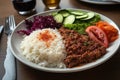 Delicious plate of traditional Turkish cuisine, including juicy kebap doner, fluffy rice, and fresh salad. Ai generated Royalty Free Stock Photo