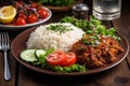 Delicious plate of traditional Turkish cuisine, including juicy kebap doner, fluffy rice, and fresh salad. Ai generated
