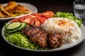 Delicious plate of traditional Turkish cuisine, including juicy kebap doner, fluffy rice, and fresh salad. Ai generated Royalty Free Stock Photo