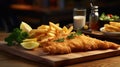 A delicious plate of two golden battered fish fillets served with crispy french fries on a rustic wooden background