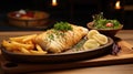 A delicious plate of two golden battered fish fillets served with crispy french fries on a rustic wooden background