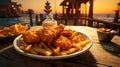 A delicious plate of two golden battered fish fillets served with crispy french fries on a rustic wooden background