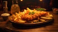 A delicious plate of two golden battered fish fillets served with crispy french fries on a rustic wooden background