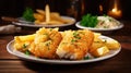 A delicious plate of two golden battered fish fillets served with crispy french fries on a rustic wooden background