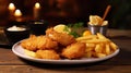 A delicious plate of two golden battered fish fillets served with crispy french fries on a rustic wooden background