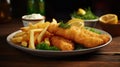 A delicious plate of two golden battered fish fillets served with crispy french fries on a rustic wooden background