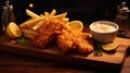 A delicious plate of two golden battered fish fillets served with crispy french fries on a rustic wooden background