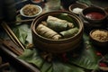 A delicious plate of zongzi on a beautifully set table. AI Generated
