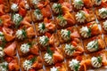 A delicious platter of salmon and cream cheese appetizers on crackers, garnished with dill and cherry tomatoes Royalty Free Stock Photo