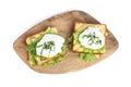 Delicious poached egg sandwiches isolated, top view