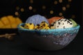 Delicious poke bowl on table against blurred lights, closeup