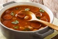 Delicious Polish dish of Breton beans with sausage close-up in a saucepan. horizontal