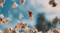 Delicious popcorn exploding in the air with a sky background Royalty Free Stock Photo
