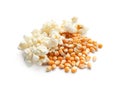 Delicious popcorn and kernels on white background Royalty Free Stock Photo
