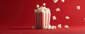 The delicious popcorn overflowing from a striped container on a vibrant red background.AI generated image Royalty Free Stock Photo