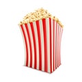 Delicious popcorn in striped packaging bag isolated illustration