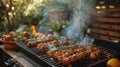 Various food items grilling on the BBQ, smoke billowing from the grill