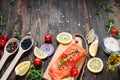 Delicious portion of fresh salmon fillet with aromatic herbs, spices and vegetables - healthy food, diet or cooking concept. Top v Royalty Free Stock Photo