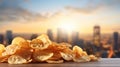 Delicious potato chips on defocused background with text space and branding opportunities