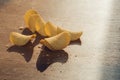 Delicious potato chips, laying on wooden table background