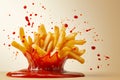 Delicious potato fries falling into splashing tomato ketchup, cut out. Close up of falling down fries with splash ketchup in