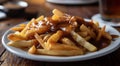 Delicious Poutine Dish on a Wooden Table