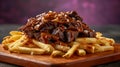 Delicious Poutine with French Fries and Rich Gravy Topped with Shredded Beef on Wooden Serving Board, Comfort Food Concept