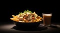 Delicious Poutine Meal: Fries, Gravy, And Cheese Curds In A Dark Grey Bowl