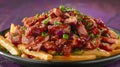 Delicious Poutine with Tender Meat Chunks and Fresh Green Onions on a Plate A Classic Canadian Dish with a Gourmet Twist