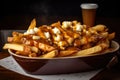Delicious Poutine topped with fresh cheese curds, gravy, and crispy fries, served in a vintage red basket