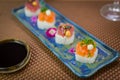 Delicious premium salmon oshizushi Batera sushi on focus