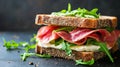 Delicious prosciutto and arugula sandwich with creamy cheese on rustic bread Royalty Free Stock Photo