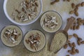 Delicious Proso Millet Kheer in a glass bowl, adorned with crunchy almonds, showcasing a nutritious dessert Royalty Free Stock Photo